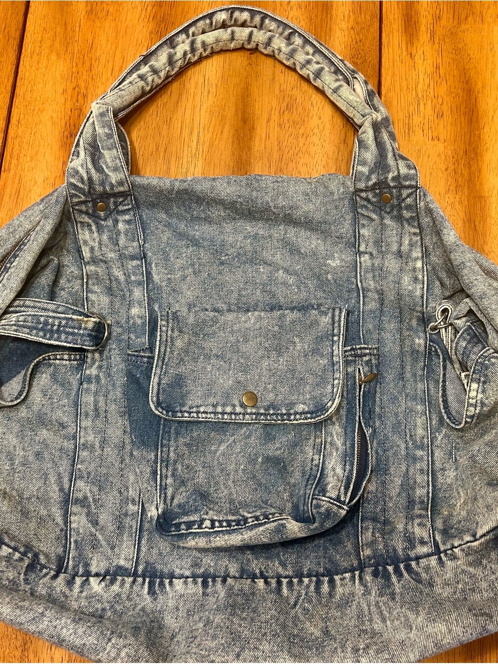 Vintage Acid Washed Blue Denim Tote Bag-Numerous Pockets/Zippers - Picture 3 of 8